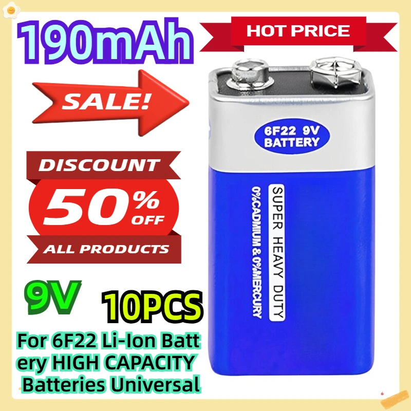

For 6F22 Li-Ion Battery HIGH CAPACITY Batteries Universal 9V 190mah 10pcs