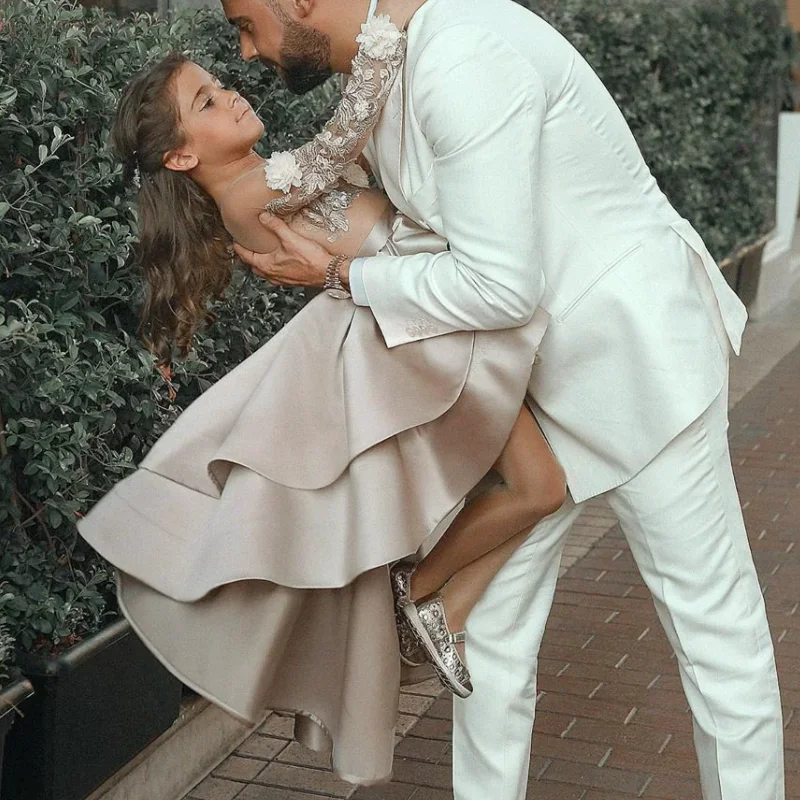 Vestidos de satén con estampado de flores champán para niña, bordado con lazo, manga larga para boda, cumpleaños, banquete, vestidos de princesa