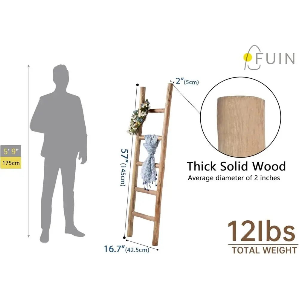 57 Escalera de manta de madera ensamblada: exhibición rústica de colcha de pared estilo granja y toallero para sala de estar y baño, marrón