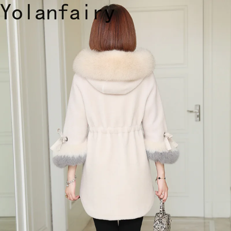 Yolanfairy Echte Wollen Kleding Voor Vrouwen Bont Overtreft Dames Casual Winter Mid-Long Shearling Coat Fox Collar Hooded Jassen Nieuw