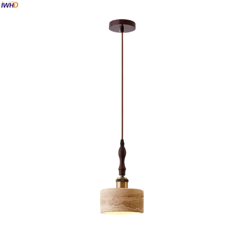 

IWHD Japanese Wabi Sabi LED Hanging Lamps Bedroom Living Dining Room Table Light Design Yellow Travertine Pendant Light Lamparas