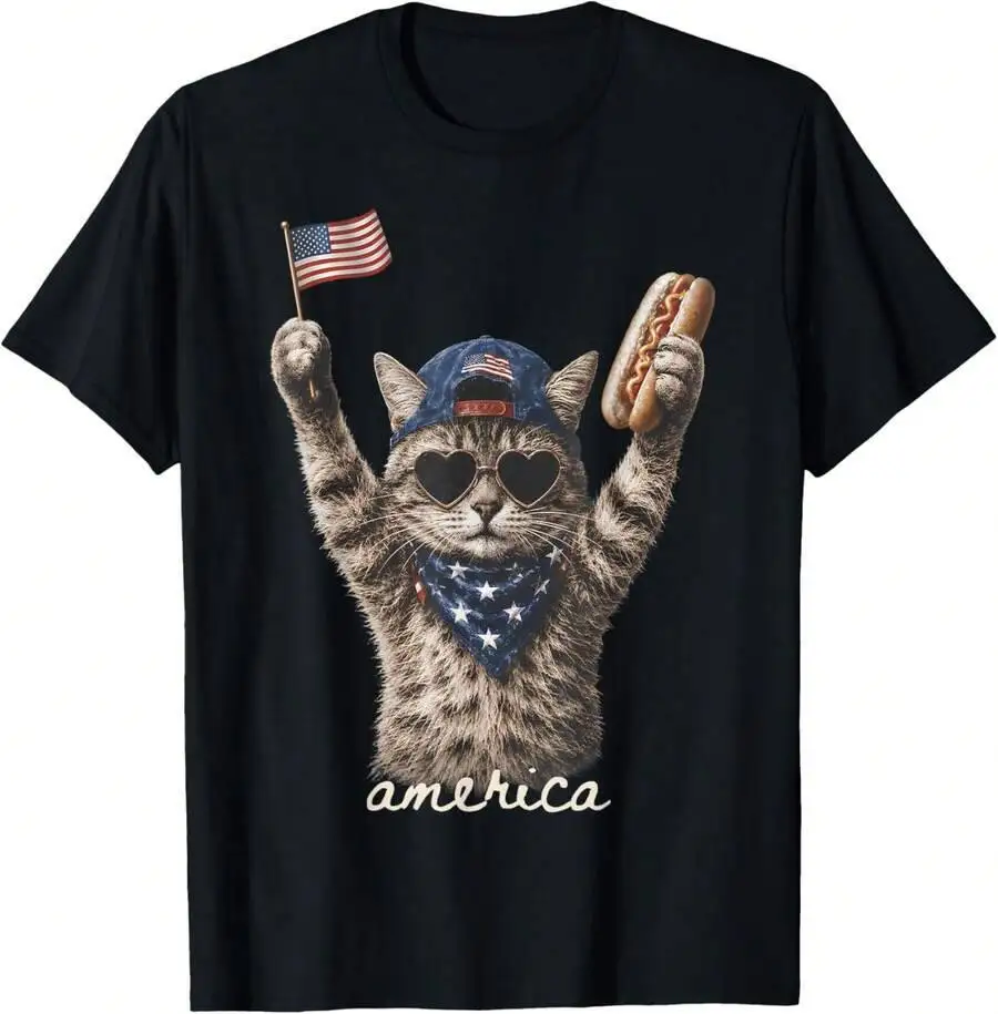 Retro Funny America Cat Hot Dog Lovers Patriotic US Flag T-Shirt 100% Cotton Trendy Y2K Short-Sleeve Tee – Soft, Quick-Drying, &