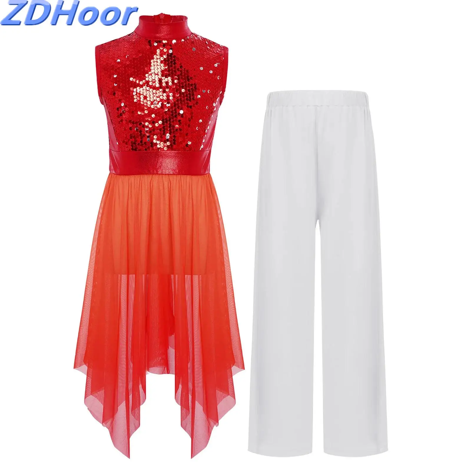 

Kids Girls Shiny Sequins Dance Sets Worship Praise Mock Neck Asymmetrical Hem Bodice Dress with Wide-Leg Pants