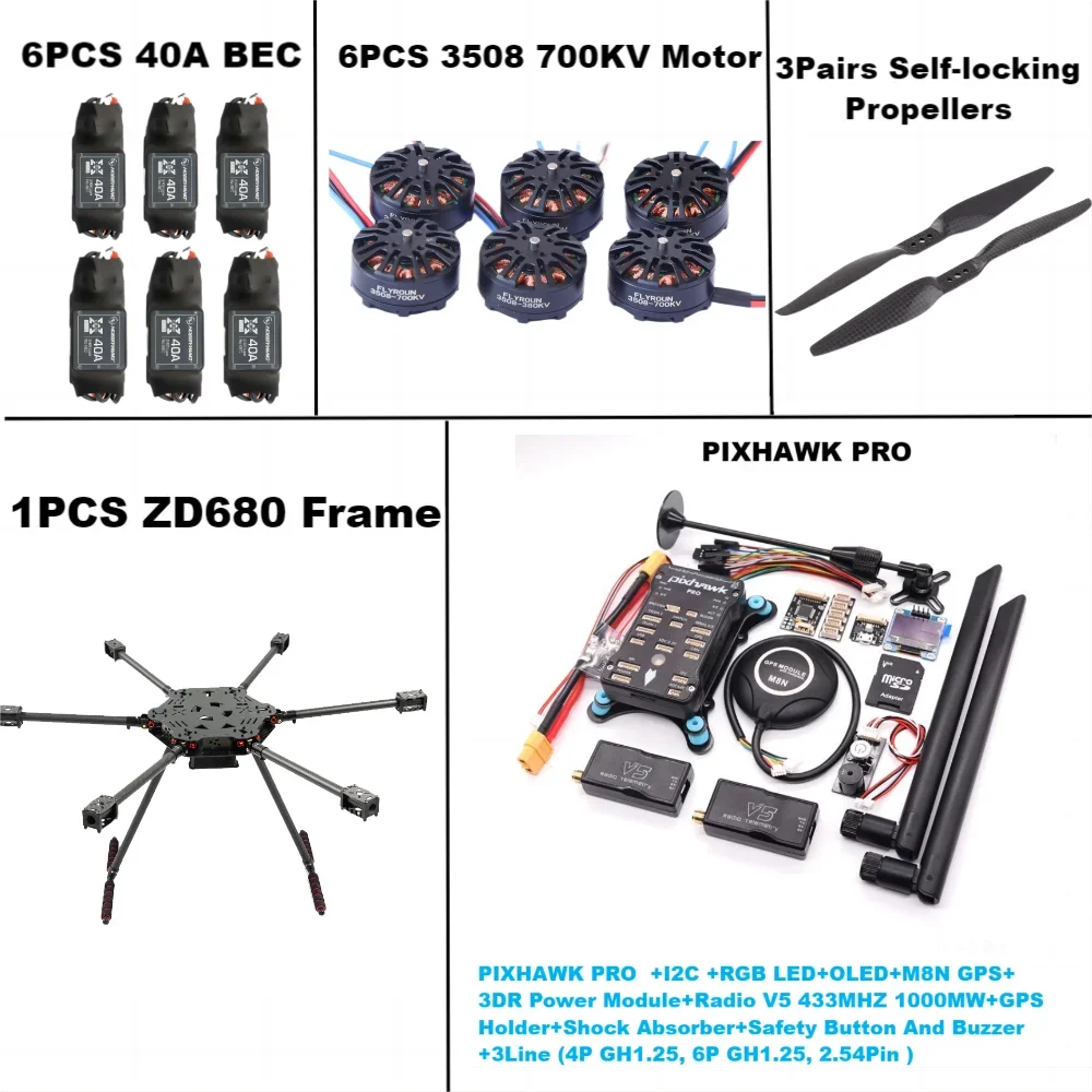 ZD680 PRO M8N Full Carbon Fiber Hexa-Rotor Foldable Arm Hexacopter Frame Kit PIXHAWK With Unflodable Landing Gear