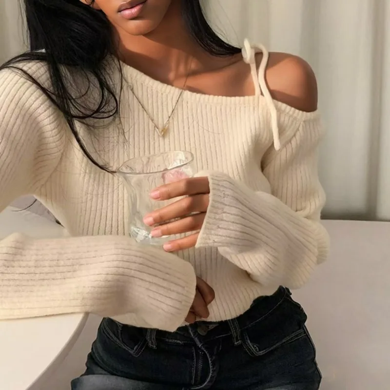 

Elegant Off Shoulder Pullover Women Sweater 2025 Fashion Autumn Long Sleeve Knit Top Lace-up Solid Casual Korean Style Clothes