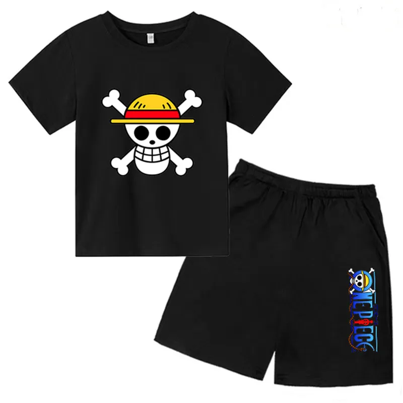 Children Summer Short Sleeve T-shirt Boys Girls Toddlers 3-12Y Anime One Piece Luffy Print Top + Shorts 2P Cute Fun Casual Suit