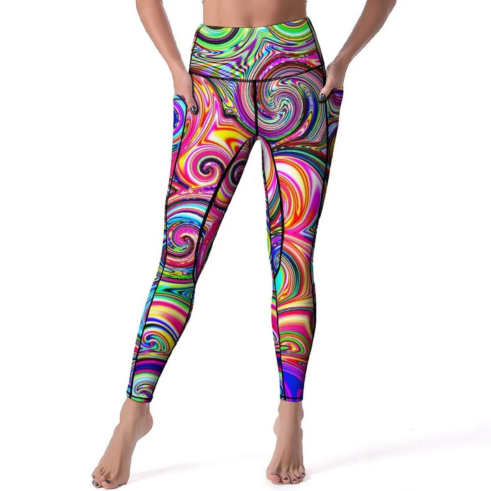 Colorful Swirls Print Leggings Sexy Heatwave Funk Running Yoga Pants Push Up Stretchy Sports Tights Pockets Vintage Leggins