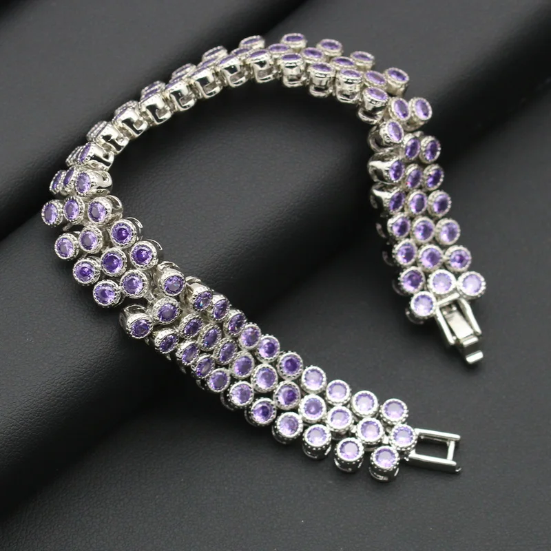 Luxurious Purple Crystal Silver Color Jewelry Sets For Women Earring Bracelet Pendant Necklace Ring Christmas Gift Free Gift Box