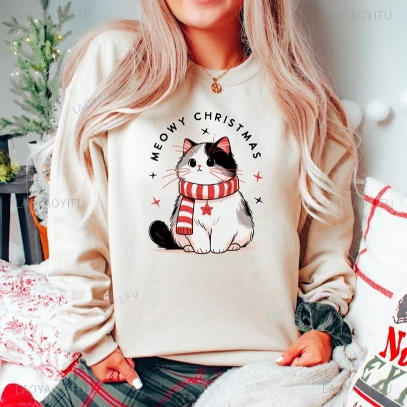 Meowy Christmas Sweatshirt Cat Lover Xmas Gift Funny Pattern Hoodie Meowy Christmas Women Pullover Personalized Clothing
