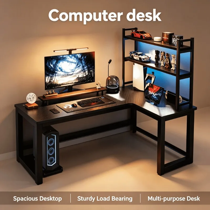 Storage Multiple Styles E-sports Table Corner L Shaped Computer Gaming Desk Adjustable Height Home Office Study Bookshelf