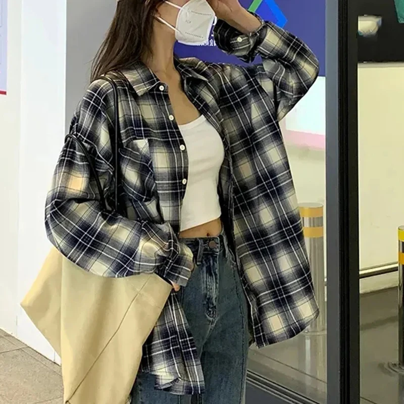 Rimocy Autumn All Match Plaid Shirts for Women Korean Fashion Button Up Oversized Shirt Woman 2024 Aesthetic Loose Blouse Female