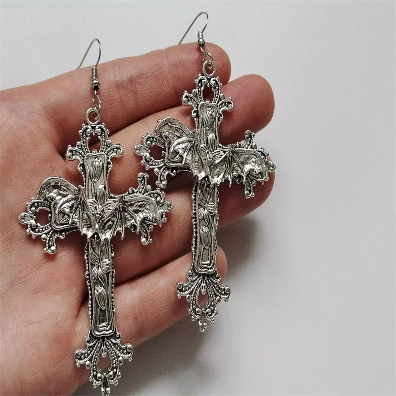 Large Vampire Bat Cross Earrings Pendant Floral Filigree Victorian Vintage Gothic Style Great Gift for Her Protection Amulet