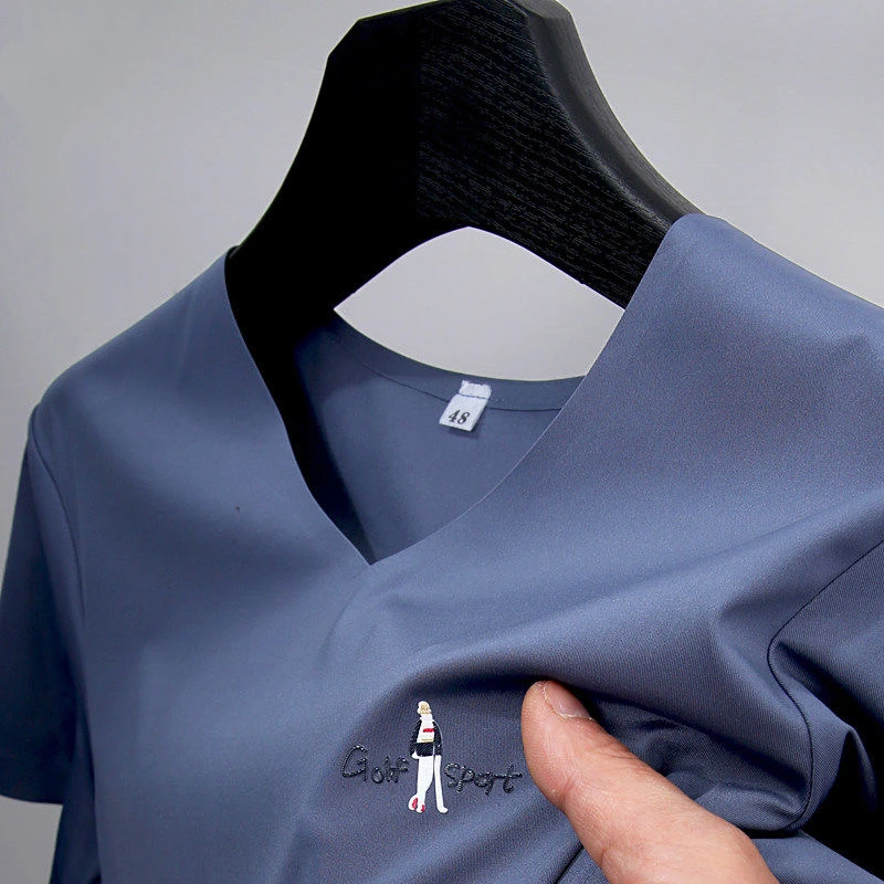 High grade ice silk short sleeve t-shirt men's summer trend embroidery V-neck casual half sleeve traceless breathable top