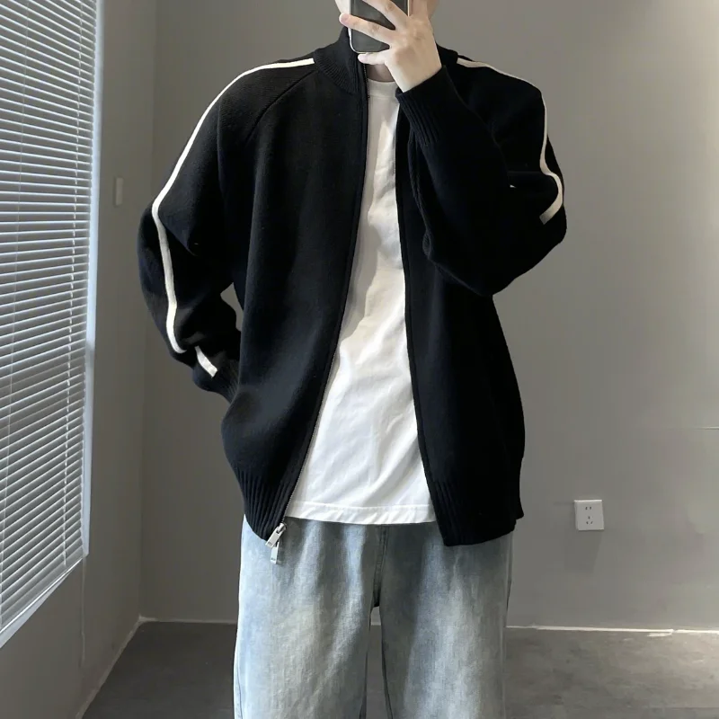 

2025 New Color Block Sweater Men Stand Collar Double Zipper Sweater Cardigan Winter Loose Casual Fashion Knit Sweater Coat