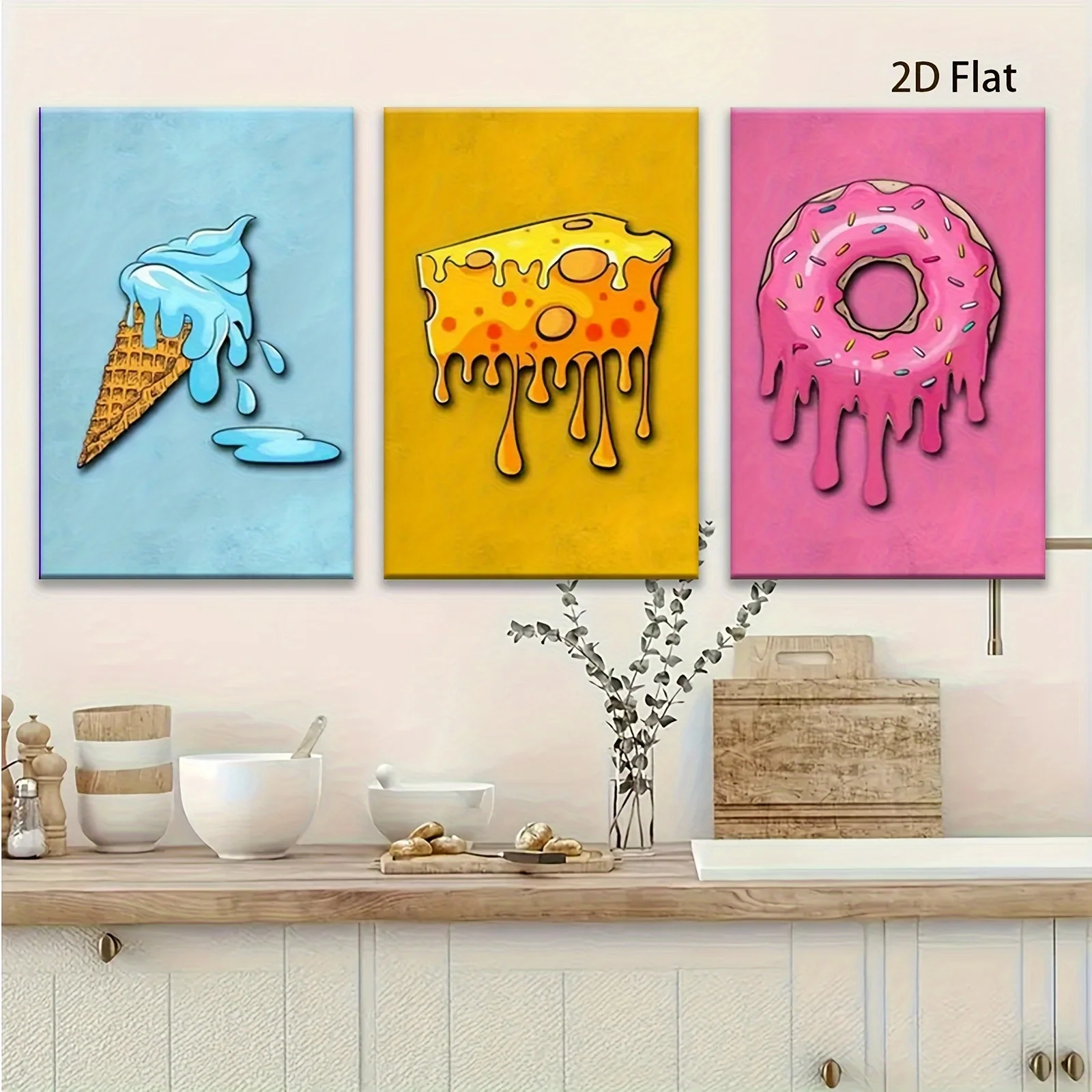 2D Flat, Wall Décor, 2D Flat, 2D, Flat, 3pcs Set, Vibrant Melting Ice Cream, Cheese, and Donuts Poster, Indoor/Outdoor Decora