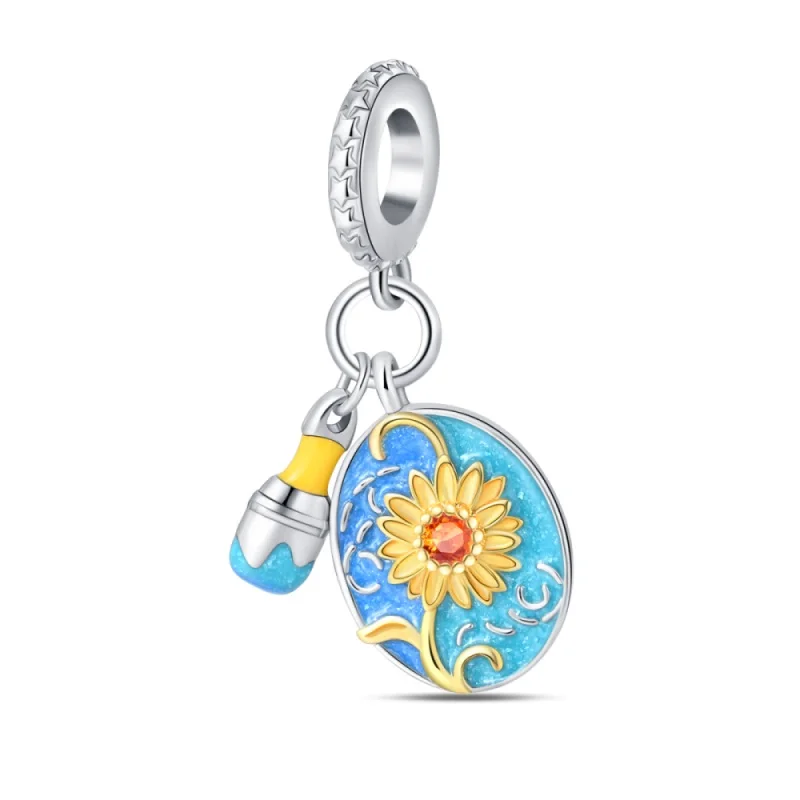 925 Sterling Silver Van Gogh Sunflower Oil Painting Charms Pendant Fit Original Bracelet DIY Women Valentine'S Day Jewelry Gift