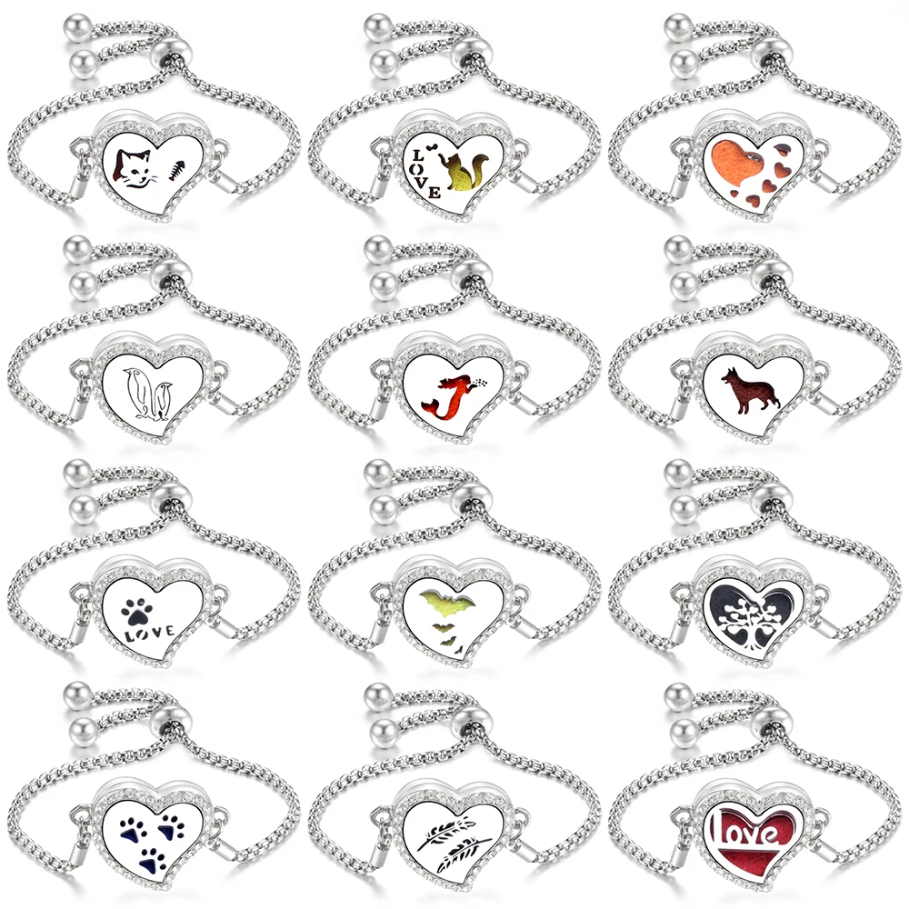 Heart-Shaped Adjustable Stainless Steel Bracelet Essential Oil Diffuser Multiple Patterns Perfume Locket Bangles Women Jewelry