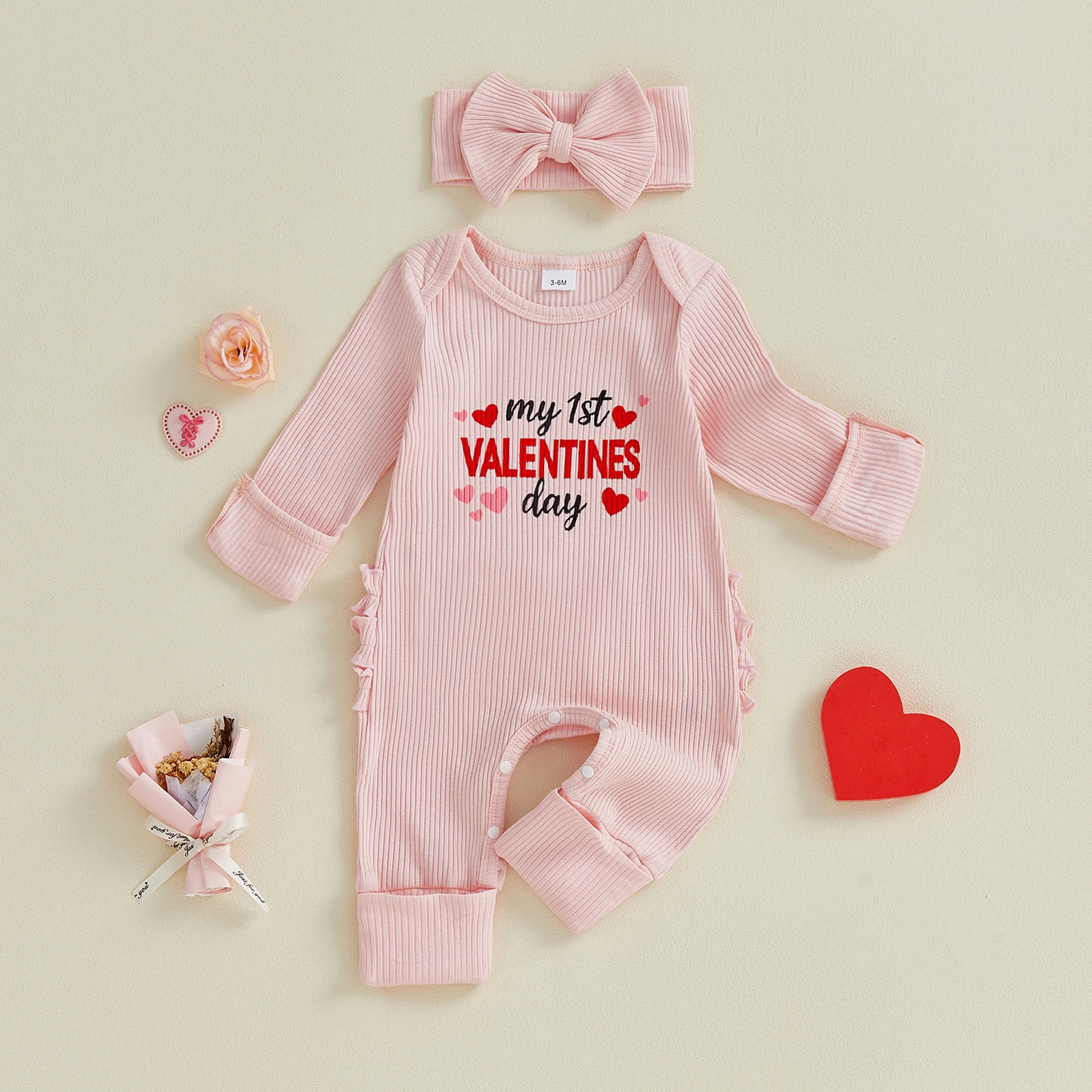 

Toddler Girl Valentine s Day Outfit Heart Print Romper with Matching Bow Headband Set for Baby Girls 0-24 Months