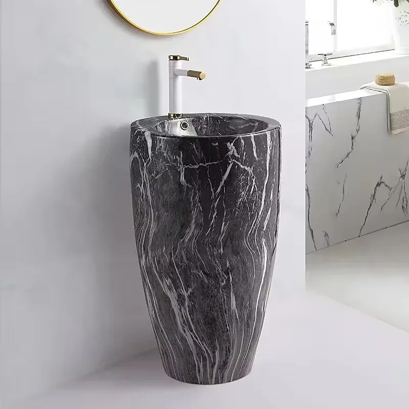 Circular Bathroom Pedestal Art Basin Modern Marble Chinese Ceramic Free Standing Hand Wash Sink High-end Pedestal Basin