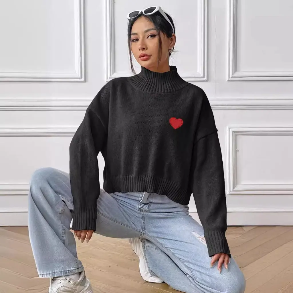 

Women's Turtleneck Pullover Sweater Short Top Loose Fit Casual Base Shirt European American Style Love Sticker Design