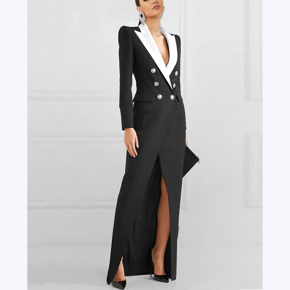 

Classic Women Suits Jacket Peak Lapel Black And White Casual Coat Double Breasted Elegant Lady Daily Stylish Female Overcoat
