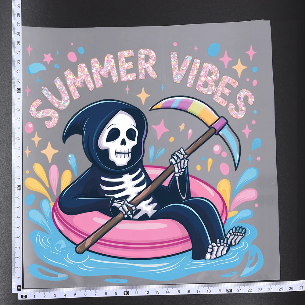 25CM Fun Spooky Summer Holiday Skull Death Heat Transfer Patches For Clothes DIY A-Level Washable Shirt Iron-on Thermal Sticker