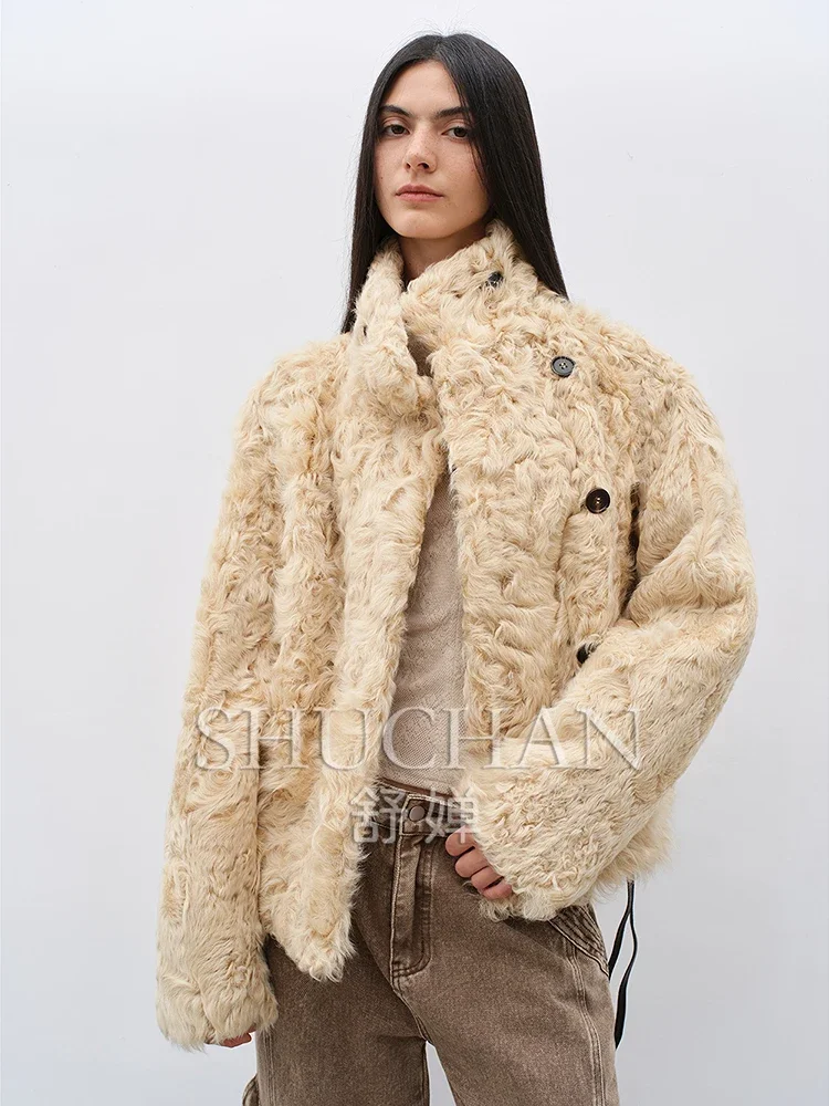 Casual Sense of Street Wear, Vertical Lapel Custom Water Ripple Sheep Curly Coat, Autumn and Winter 2024 Warm Jackets