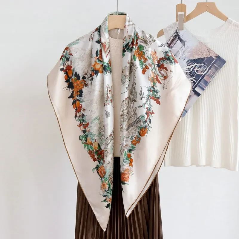 High-end Elegant Women Exquisite French Garden Print Quality Plain Satin Silk Hand-rolled Edge Large Square Scarf Shawl