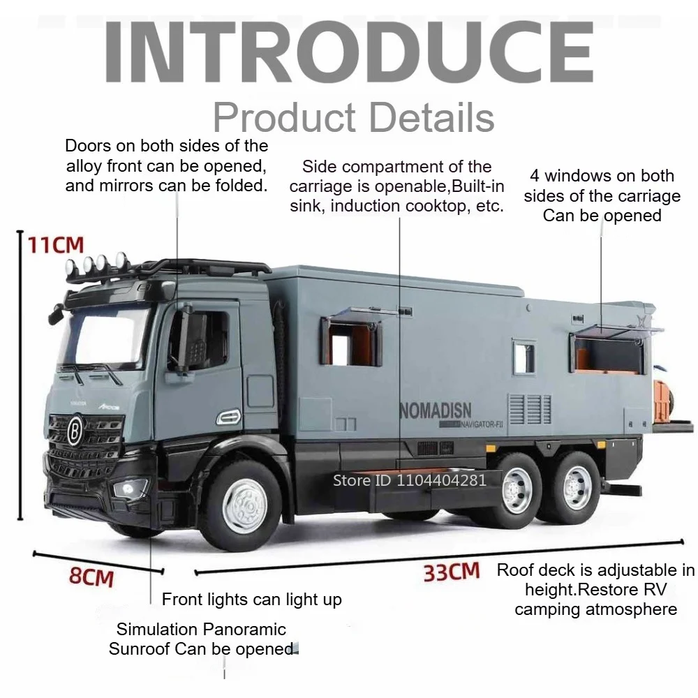 1:18 Off-road RV Diecast Models Alloy Toys Cars Folding Rearview Mirror Doors Opened  with Sound Light Vehices Birthday Surprise