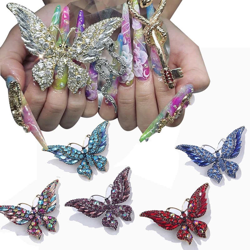 1 adet Büyük Vintage Yeni Kristal Büyük Kelebek Tırnak Charm Abartılı moda takı Hayvan Böcek Tırnak Aksesuarları