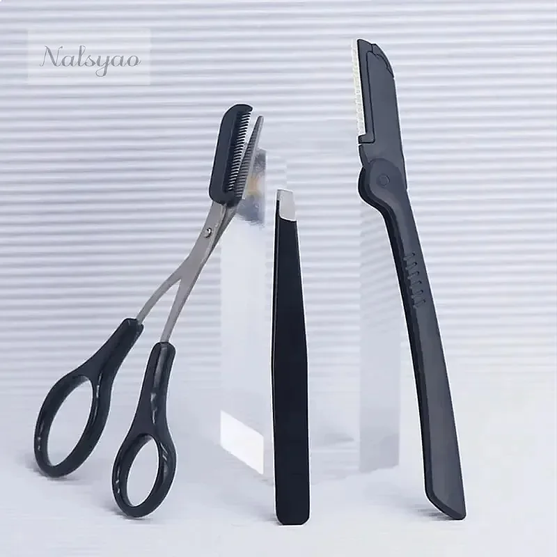 Three-piece Stainless Steel Eyebrow Clip Comb Scissors Trimmer Tool Razor Set for Precision Shaping