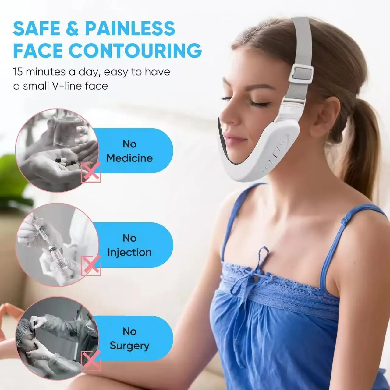 Elektrische faceliftriem, LED-foton-faceliftapparaat, gezichtshuidmassager, elimineert dubbele kin, V-vormige wanglift