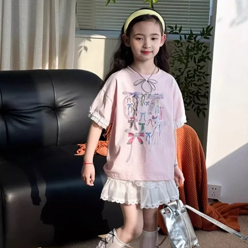 Girls Casual Tee 2026 Summer Short Sleeve with Bow Big Kids 8-14 Years Fashion Top Cute Look for School Outdoor Wear