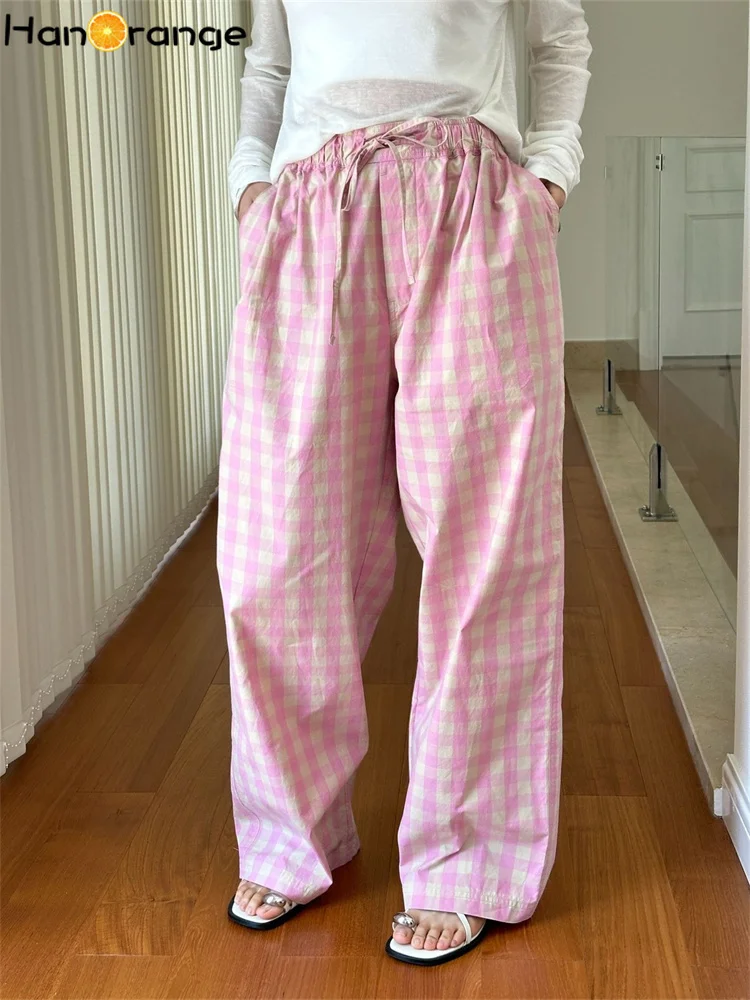 HanOrange 2024 Summer Fashion Pink Plaid Wide Legs Pants Women Elastic Loose Pure Cotton Trousers Pink