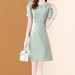 EVNISI Summer Women Elegant Green Short Sleeve Dress O-neck Casual Slim Office A-line Dresses Bodycon Party Women Fairy Vestido