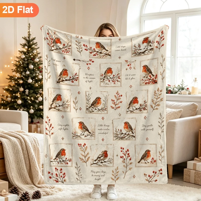 Christmas Robin Throw Blanket, Winter Holly Bird Print Soft Fleece, Cozy Holiday Gift for Couch Bed Sofa Home Decor