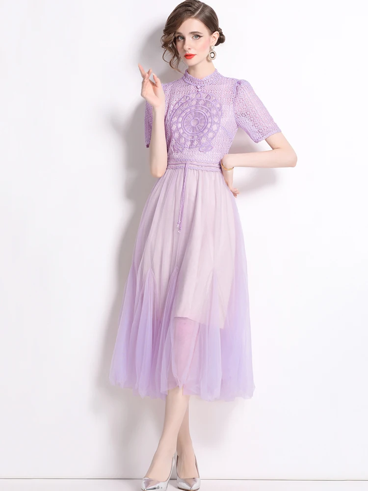 Purple Embroidery Lace Mesh Dresses Spring Women Hollow Out Sheer Long Dress Summer High Waist Round Neck Short Sleeved Dress