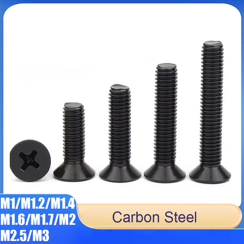 

30-500Pcs Black Carbon Steel Cross Phillips Flat Countersunk Head Bolt Screw M1 M1.2 M1.4 M1.6 M2-M3 Mini Micro Bolt Screw