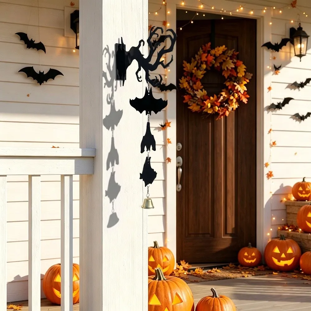 2D Flat Inverted Branch Bat Wind Chime with Bell Spooky Hanging Bat Pendant Acrylic Wall Mount Halloween Wind Chime Entryway