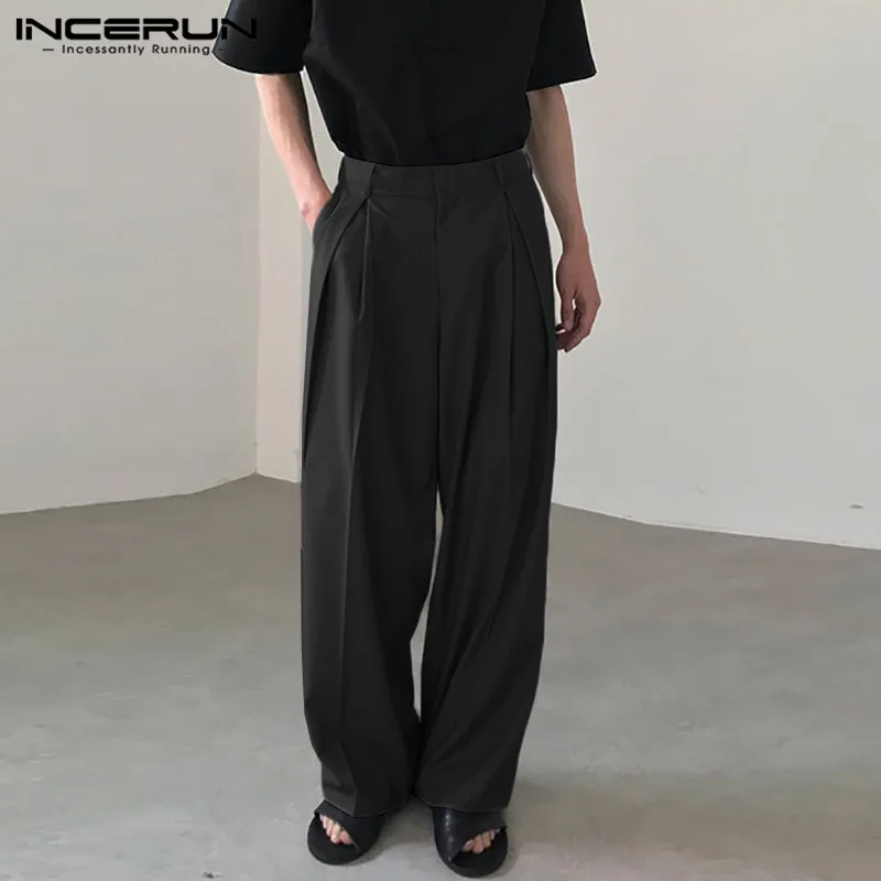 INCERUN 2024 Korean Style New Mens Trousers Casual All-match Wide Leg Long Pants Fashionable Street Solid Simple Pantalons S-5XL