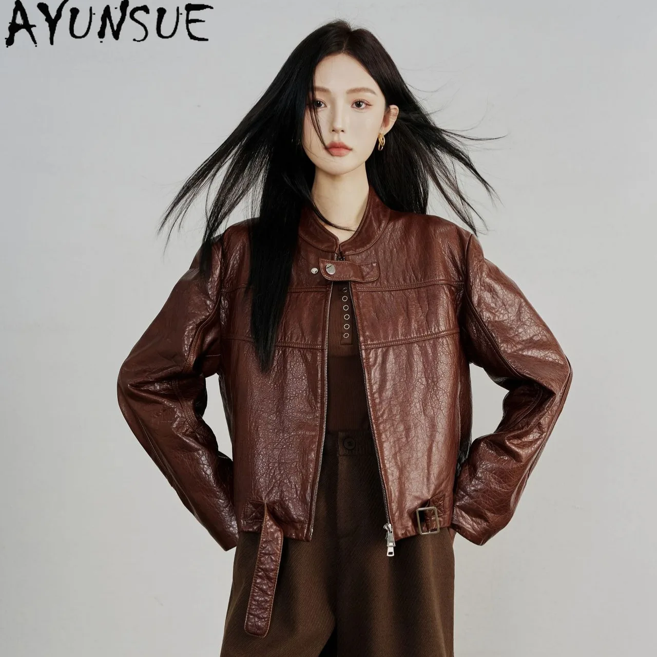 

AYUNSUE 100% Real Leather Jacket Woman Vintage Sheepskin Coat Women Short Fashion stand collar Autumn Clothes Casaco Feminino
