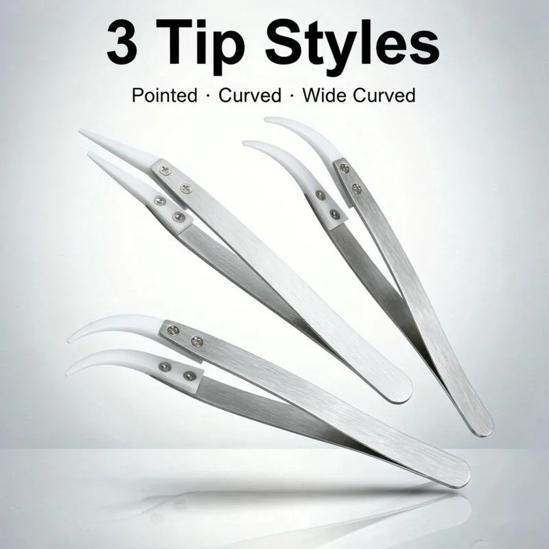 Ceramic Tip Tweezers Set Anti-Static Stainless Steel Precision Tweezers with Replaceable Zirconia Tips Pointed  Curved ESD Tools