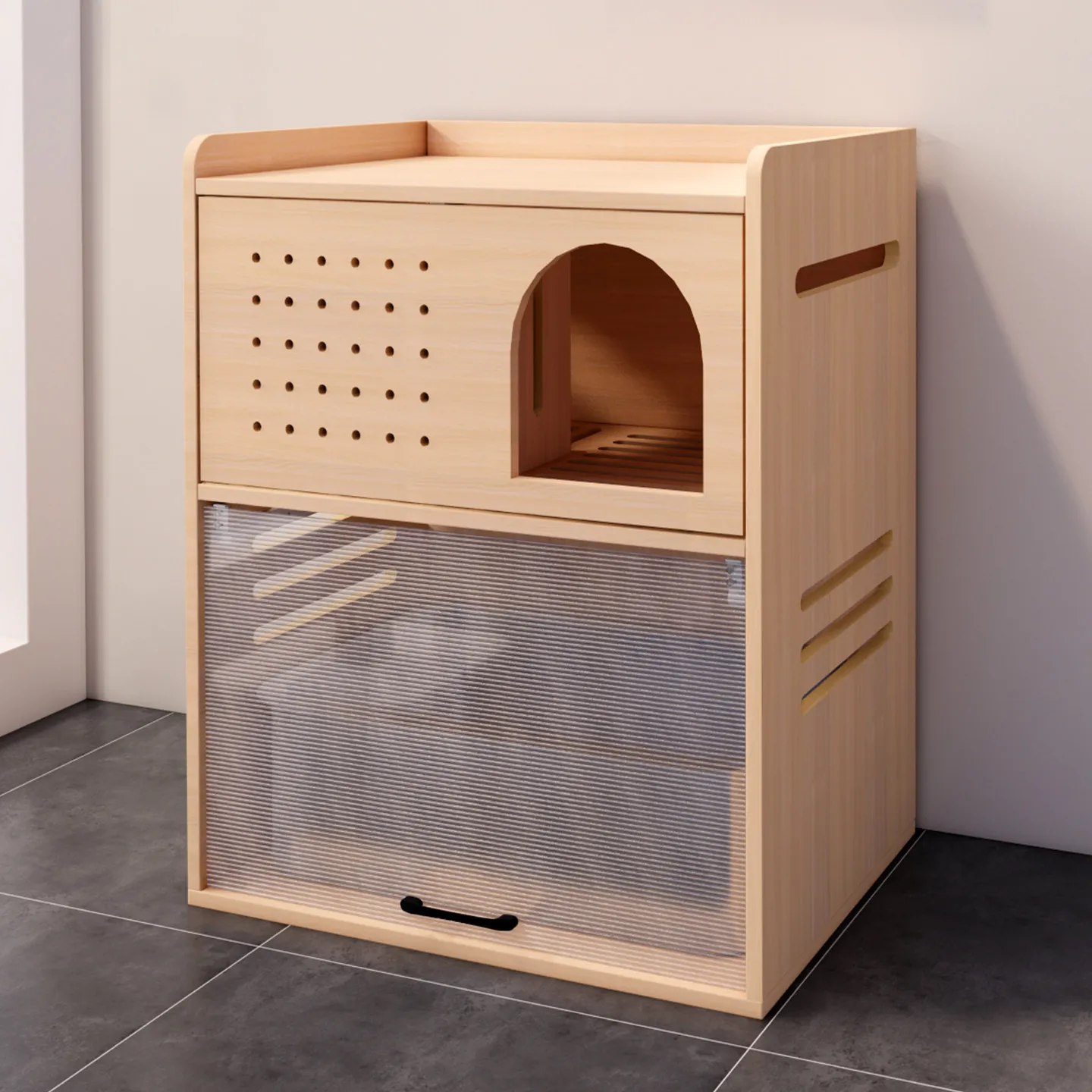 Solid wood cat litter box, hidden cat cabinet, free door, semi-enclosed sand control corridor, anti-spill cat litter