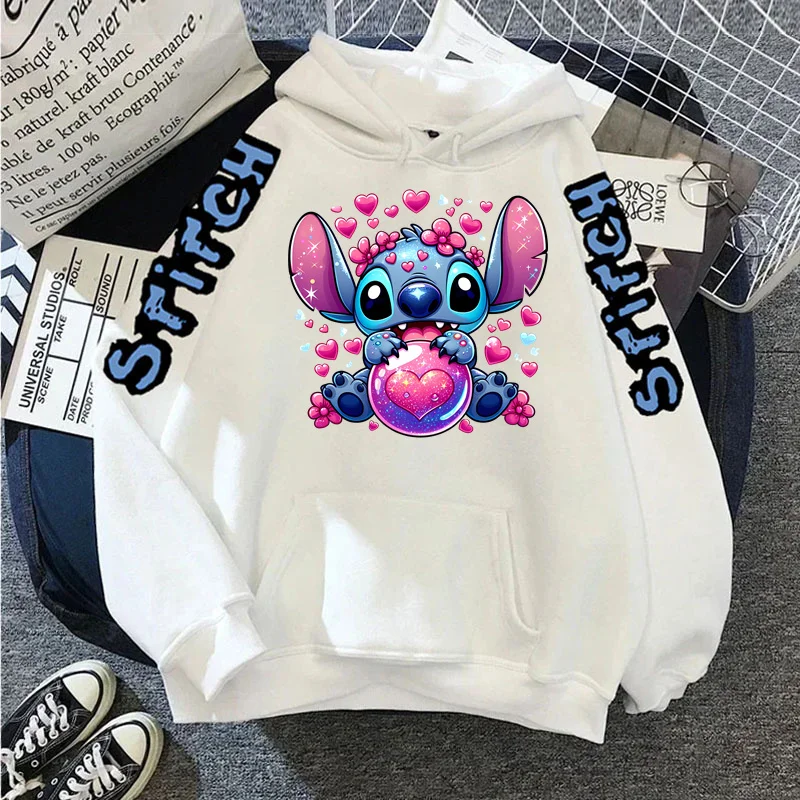 Mulheres Disney Cartoon Stitch Imprimir moletom com capuz, manga comprida com capuz, roupas Hip Hop, roupas Y2K