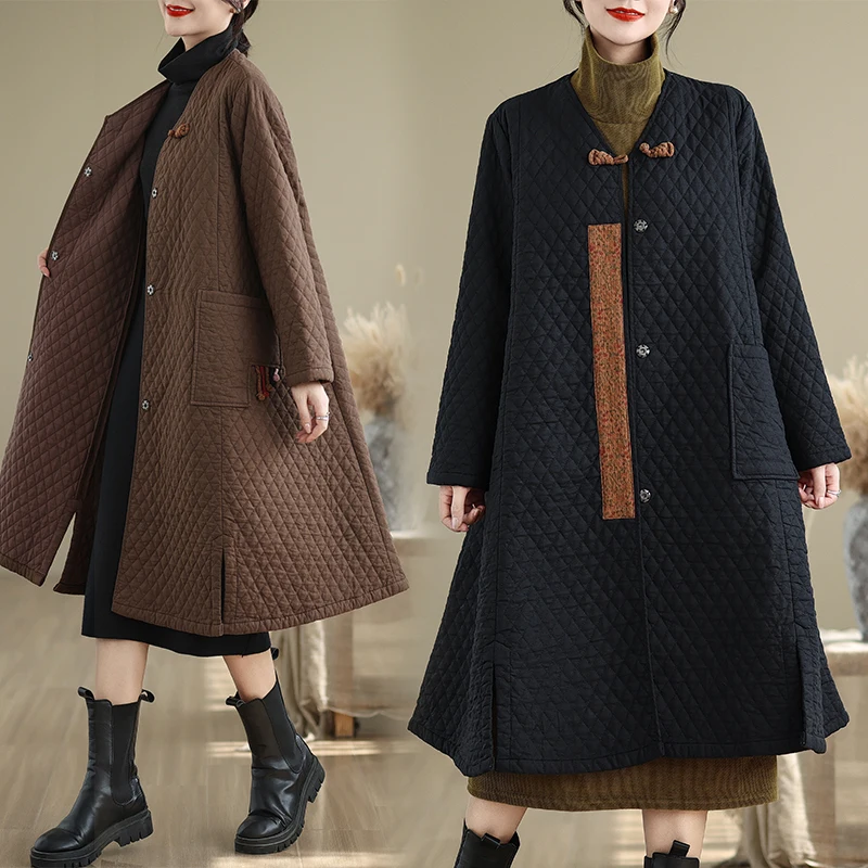 Retro Cotton Jacket Women's Loose Warm Long Coat with Button Embroidery Linen Cotton Diamond Stitching Winter Artistic Style
