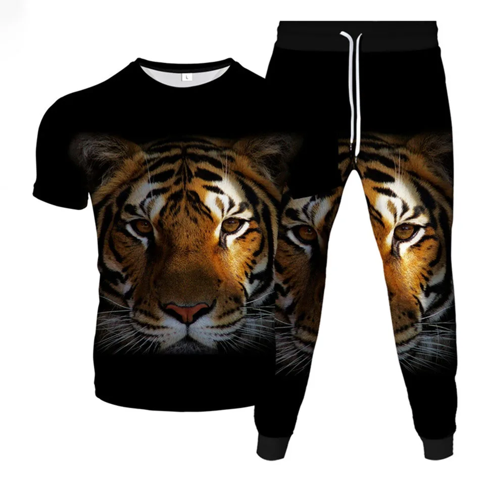 Fashion Animal Tiger 3D Print Men Sportswear Set Casual Short-Sleeved T Shirt Pants 2-Piece Set Oversized Pullover Men Clothing