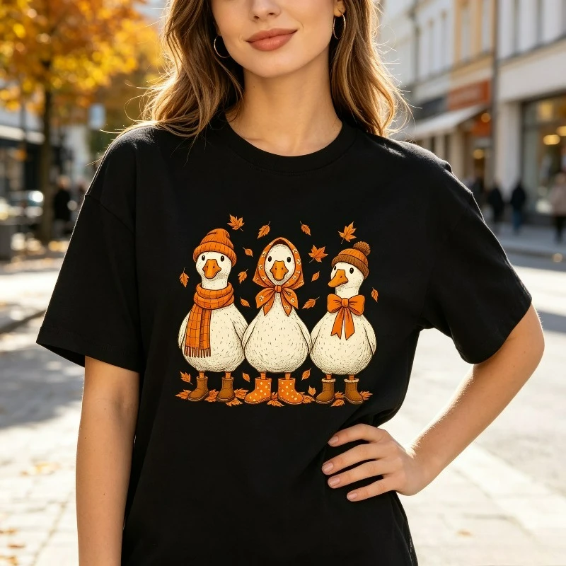 Women Three Geese T-Shirt Cotton Regular Fit Autumn Scarf Knit Hat Headscarf Big Bow Leaves Rain Boots Print Short Sleeve Tee