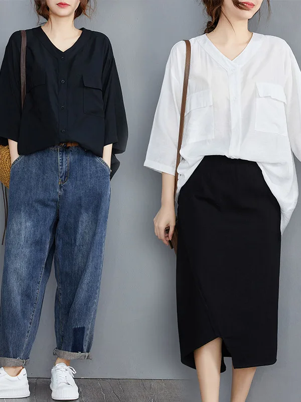 

Loose Batwing Sleeve V-Neck Women's Shirt Summer 2025 New Korean Style plus Size Belly Concealing Slimming Pure Color Casual ...
