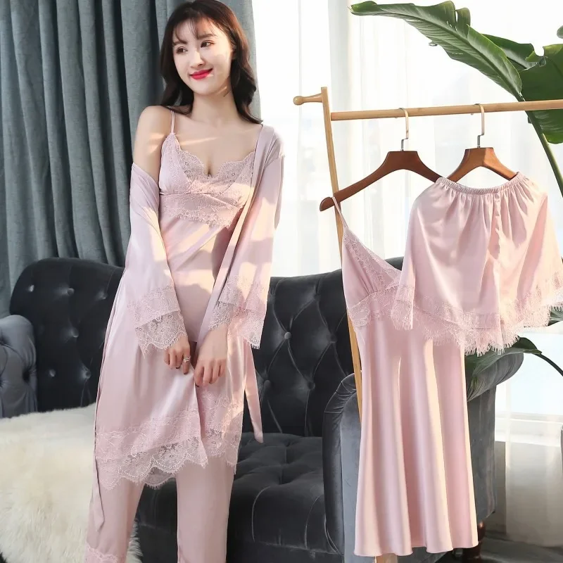 

MECHCITIZ 2019 Women Satin Sleepwear 5 Pieces Pajamas Set Sexy Lace Bathobe Pyjamas Sleep Lounge Pijama Silk Robe Night Suit