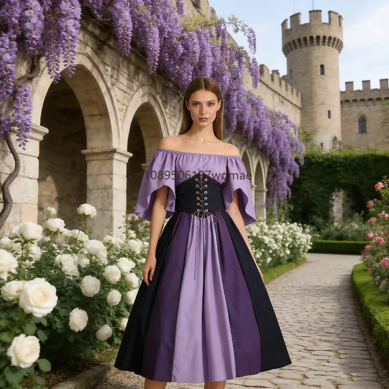 

Medieval Retro Color-Blocked Patchwork Fly Sleeve Tie-Waist Fitted Off-the-shoulder Dress Women's Party Cosplay Costume